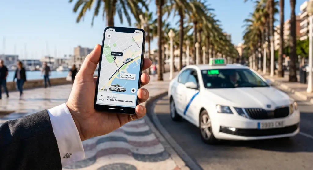 Usuario utilizando su teléfono móvil inteligente para pedir taxi en Alicante a través de la aplicación oficial frente al puerto deportivo.