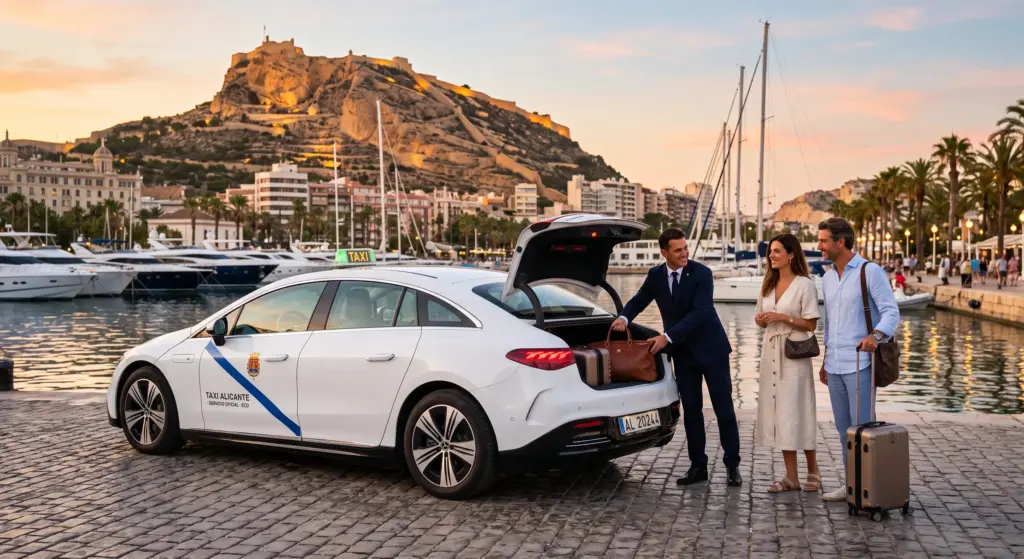 Conductor profesional ayudando a turistas con su equipaje tras reservar el servicio de taxi en Alicante frente al puerto deportivo.