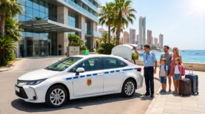 Conductor profesional junto a un taxi Alicante Benidorm frente a un hotel de la Costa Blanca.