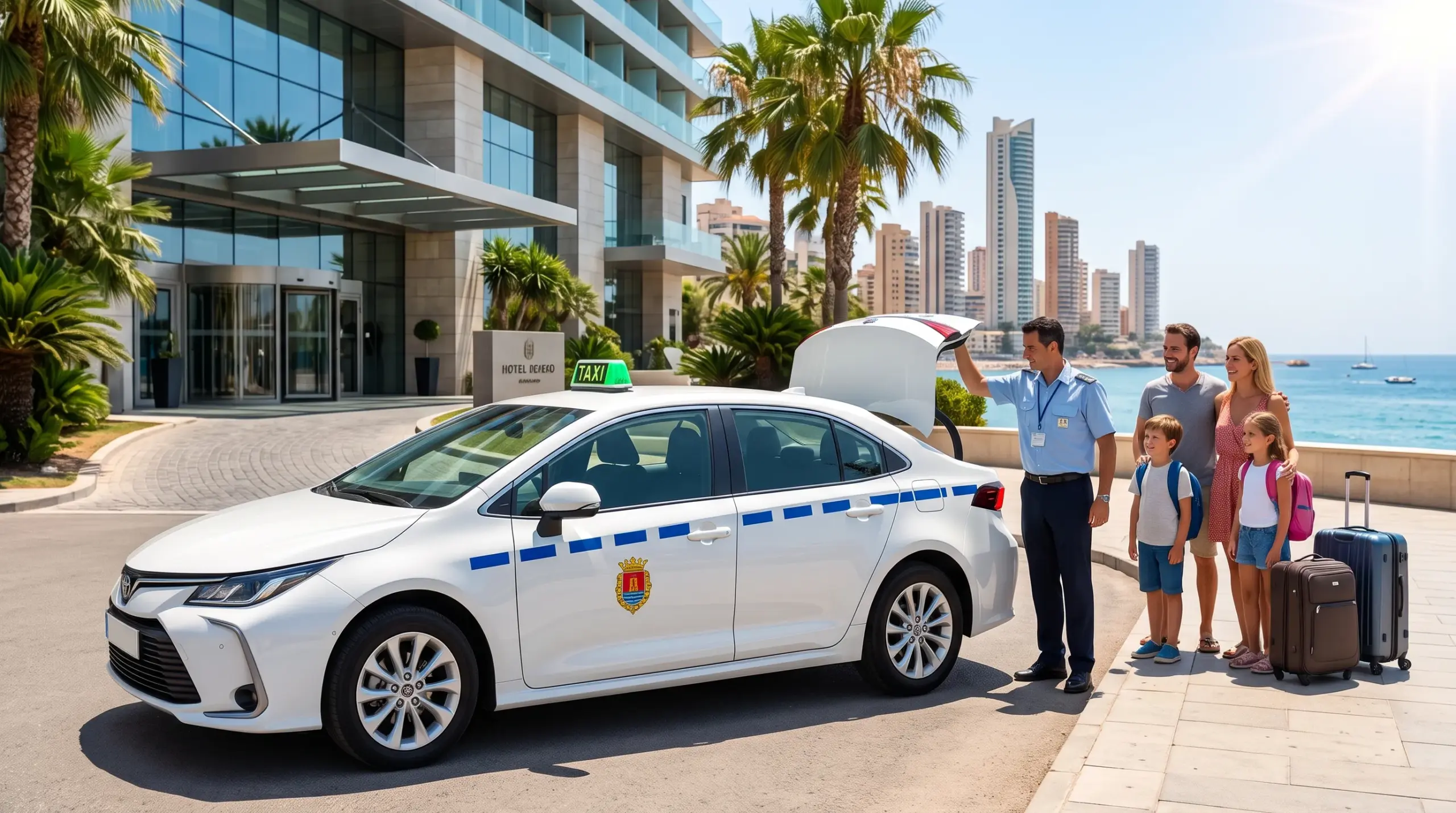 Conductor profesional junto a un taxi Alicante Benidorm frente a un hotel de la Costa Blanca.